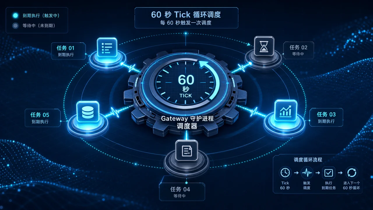 调度器 60 秒 tick 循环机制:时钟齿轮向各任务节点发出触发脉冲