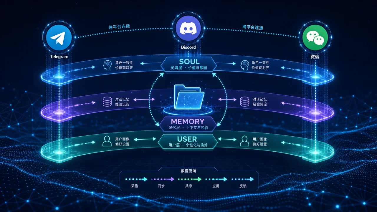 跨平台记忆共享三层机制:SOUL、MEMORY、USER 桥接示意图