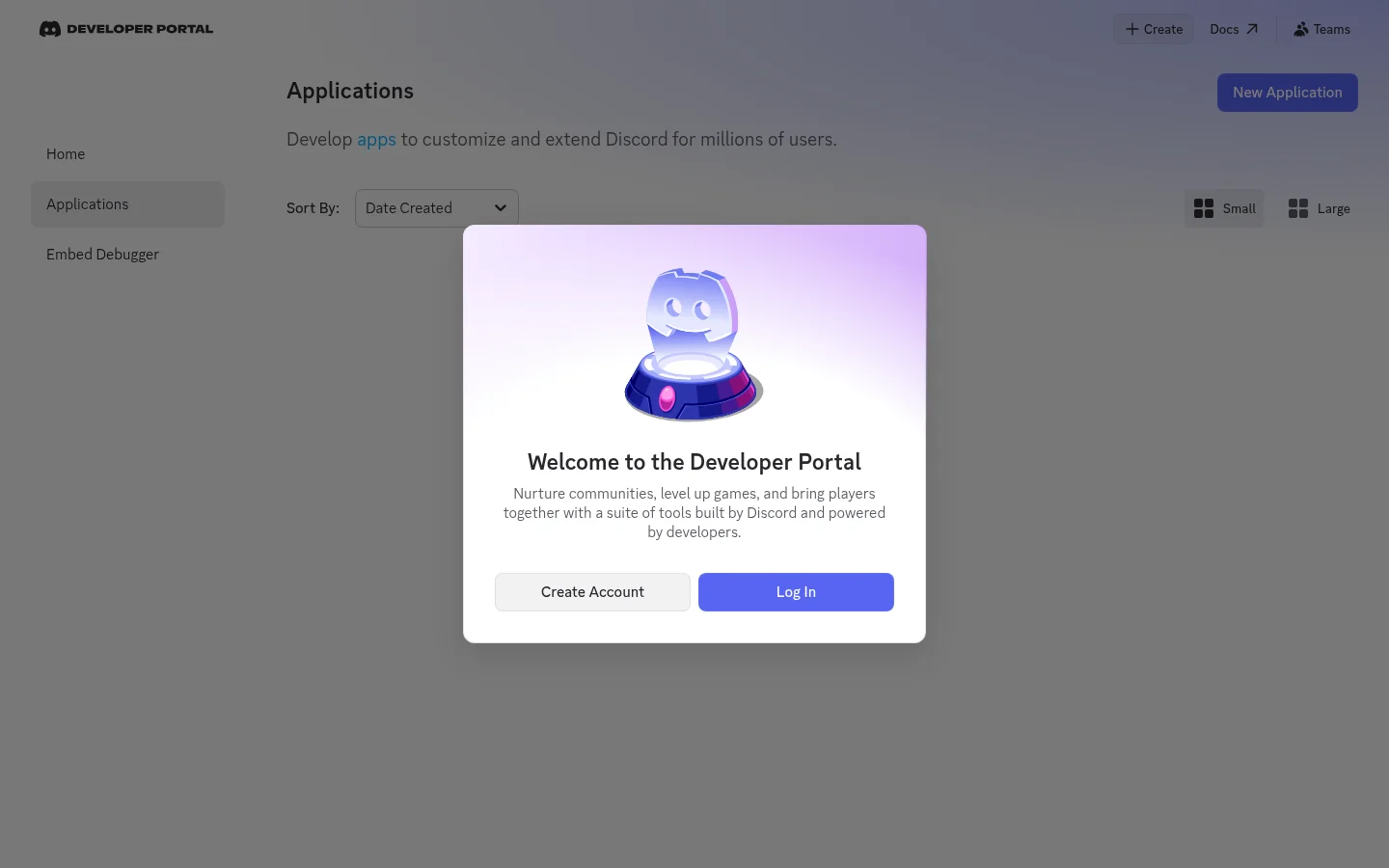 Discord Developer Portal Applications 页面,创建和管理 Bot 的入口