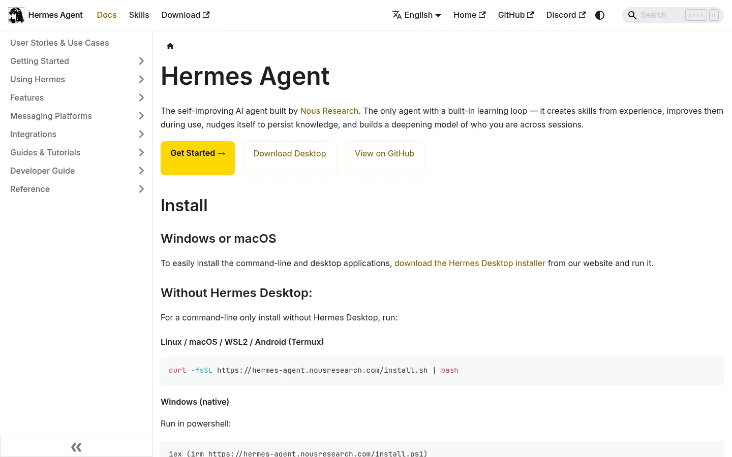 Hermes Agent 官方文档站首页,完整的 API 参考和集成指南