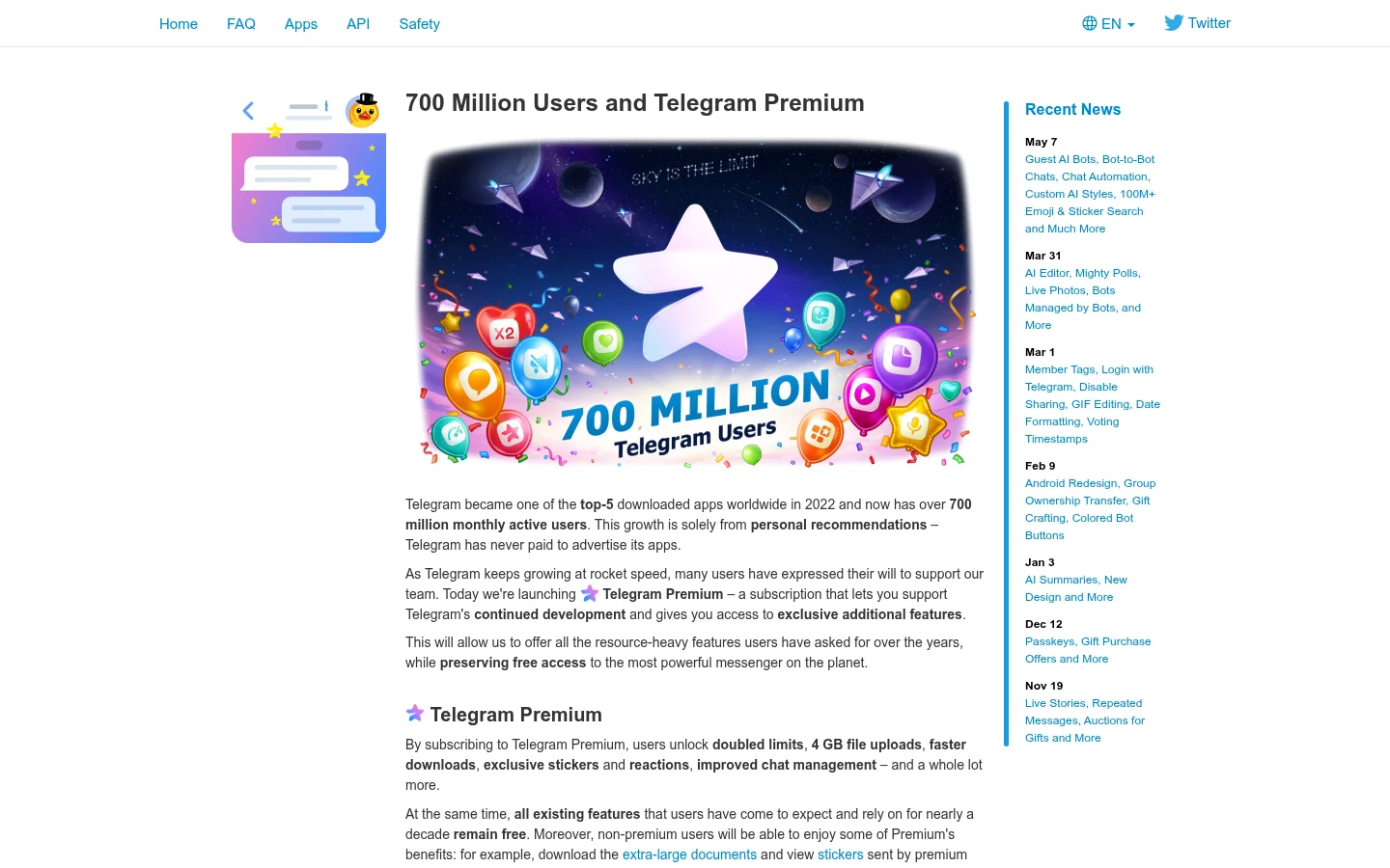Telegram 官方博客页面展示 7 亿月活用户与 Premium 功能,Bot 生态是其中最活跃的开发者平台