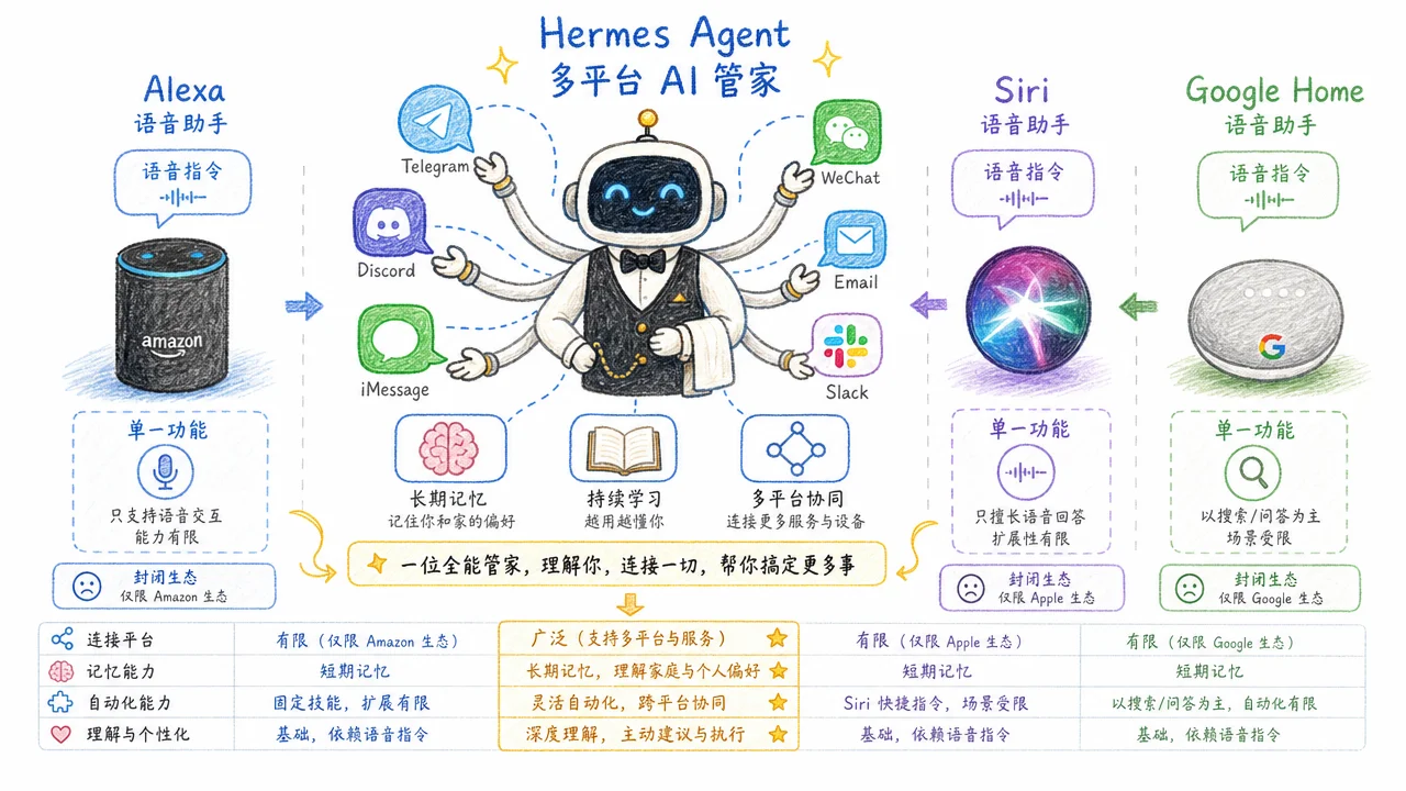 Hermes 多平台 AI 管家与传统语音助手对比