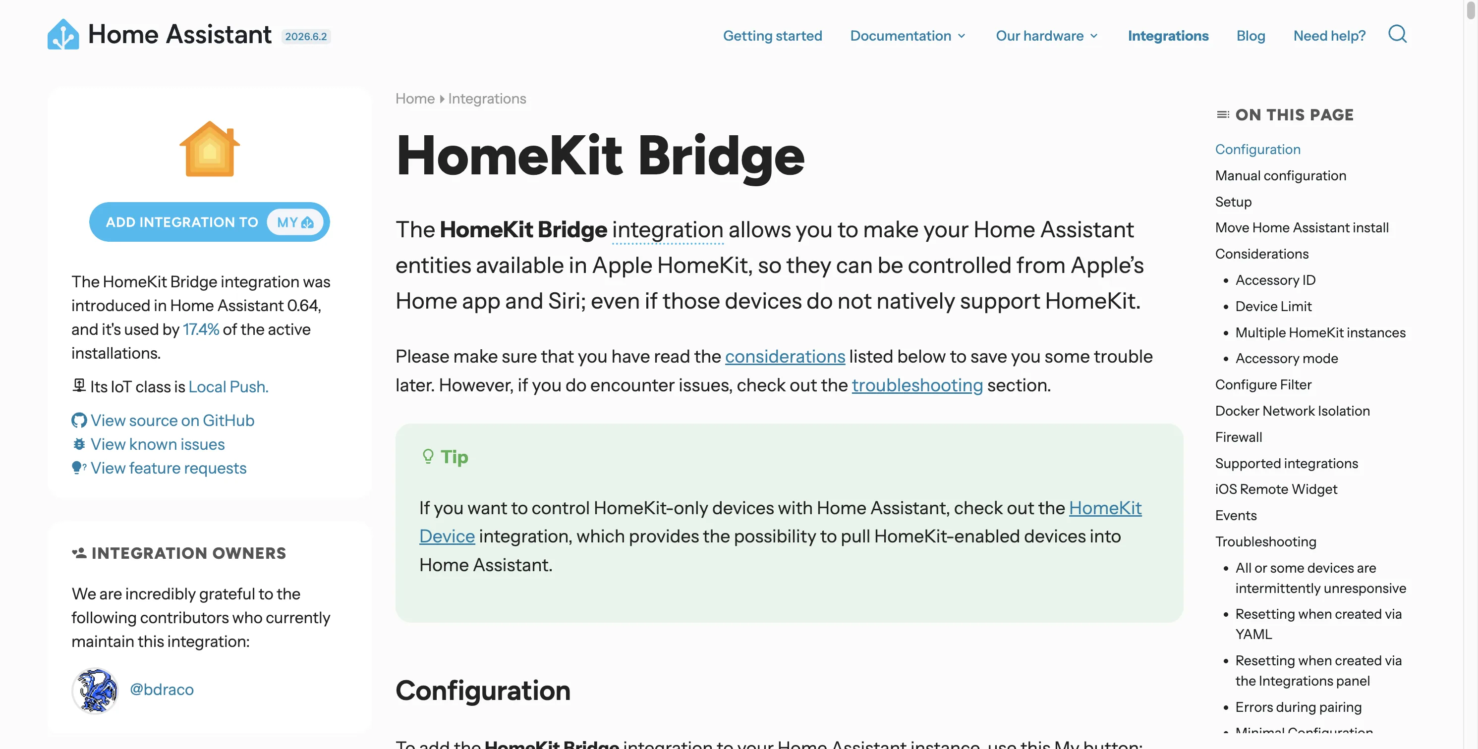 Home Assistant 的 Apple HomeKit 集成页面