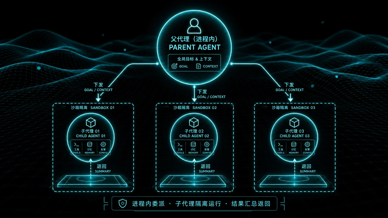 delegate_task 子代理机制:父节点向三个完全隔离的子沙箱委派任务