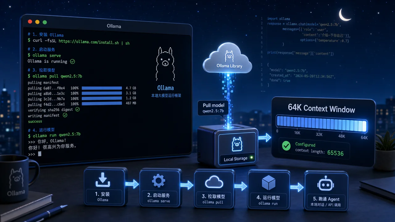 Ollama 模型拉取与 64K 上下文配置