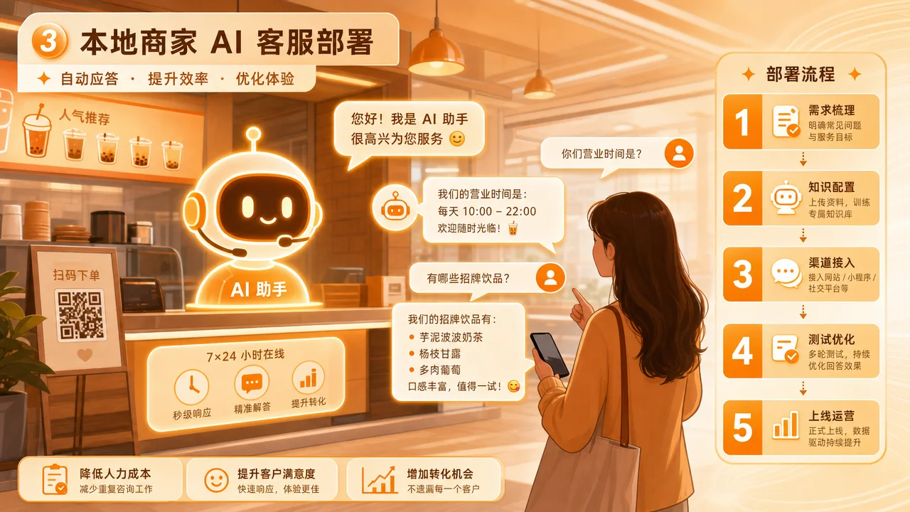 本地商家 AI 客服自动应答场景示意图