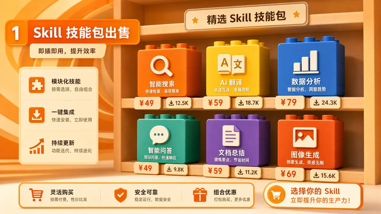 Skill 技能包产品展示与市场定价示意图