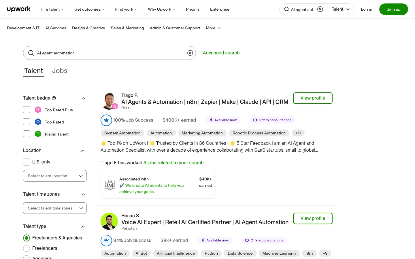 Upwork 平台 AI Agent Automation 搜索结果,Top Rated 自由职业者时薪 $40K+ 已赚,AI 自动化构建是增长最快的品类