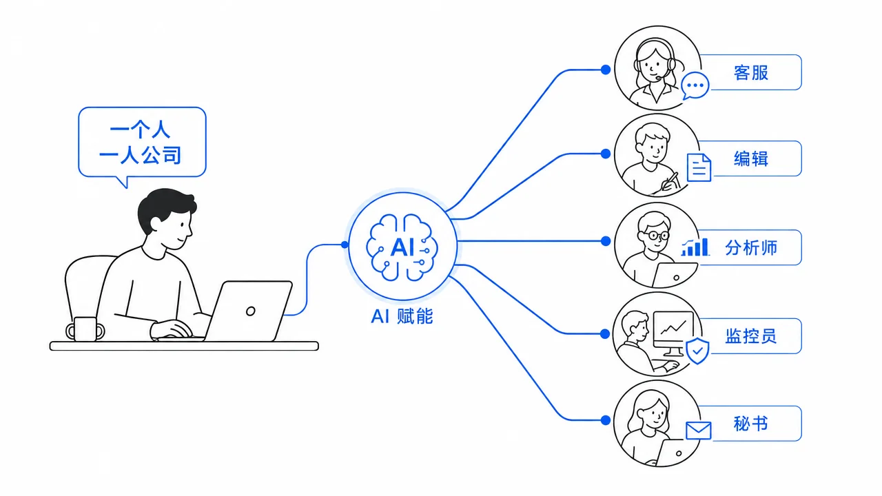 一人公司通过 AI 辅助覆盖多个岗位示意图