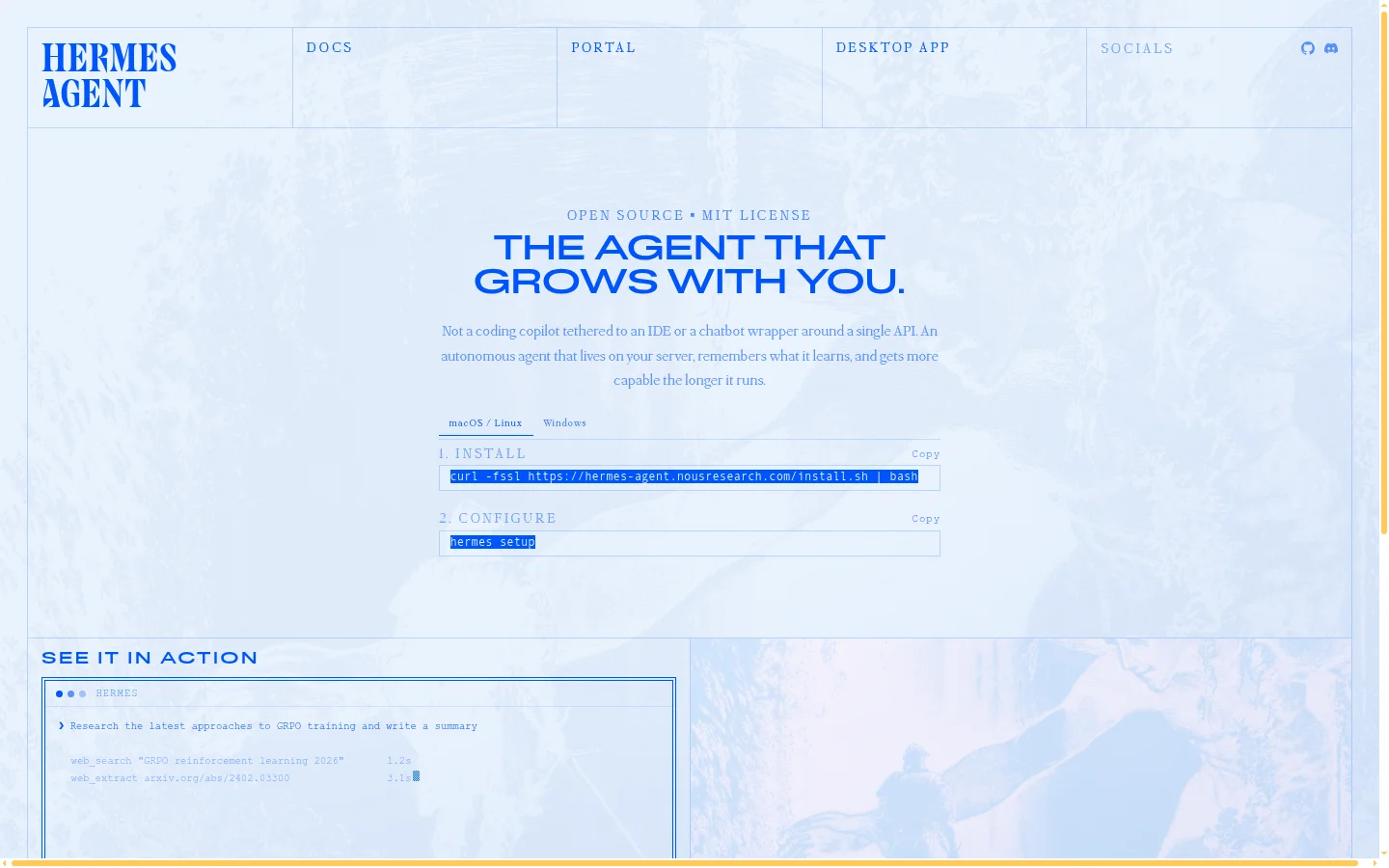 Hermes Agent 官网首页：The Agent That Grows With You，开源 Apache-2.0 许可证，一条命令安装即可运行