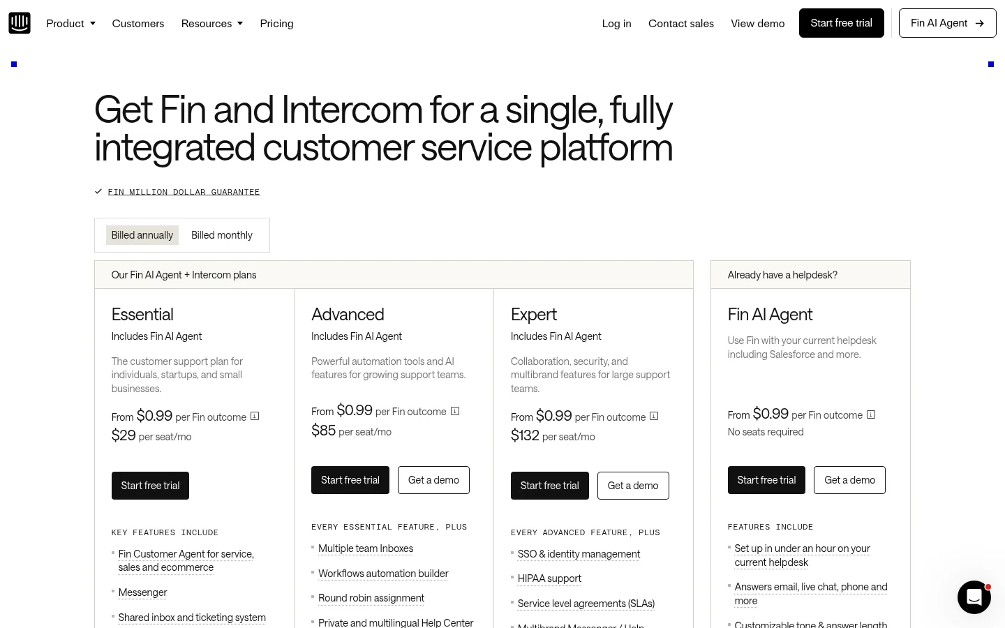 Intercom 官网定价页：Fin AI Agent 内置，Essential $29 / Advanced $85 / Expert $132 每座席每月，Fin 按对话 $0.99 收费