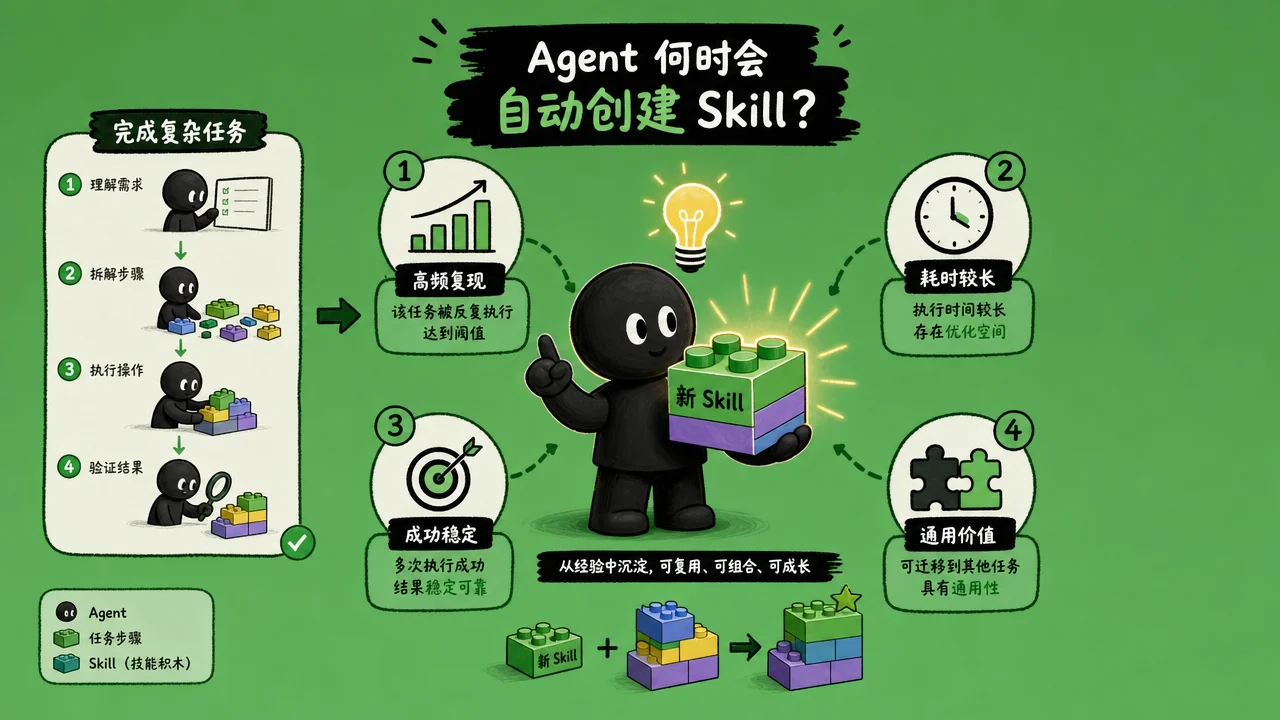 Agent 自动创建 Skill 的触发时机:完成复杂任务后自动沉淀为可复用技能积木