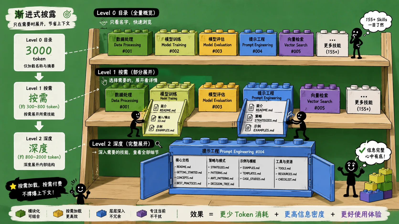 渐进式披露三级加载:目录索引 → 按需展开 → 深度参考,Token 减少 89%
