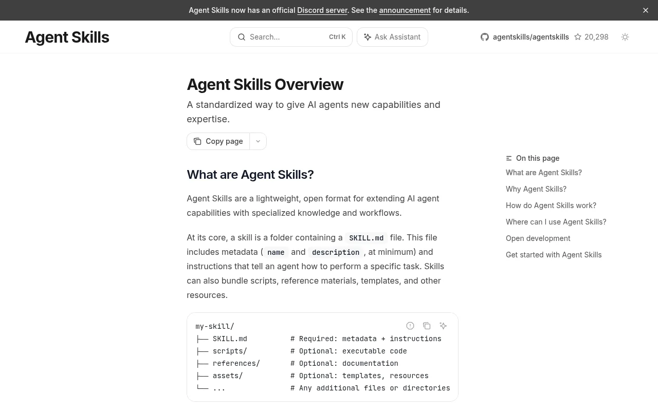 agentskills.io 规范首页:Agent Skills 开放标准定义 SKILL.md 文件结构与目录约定