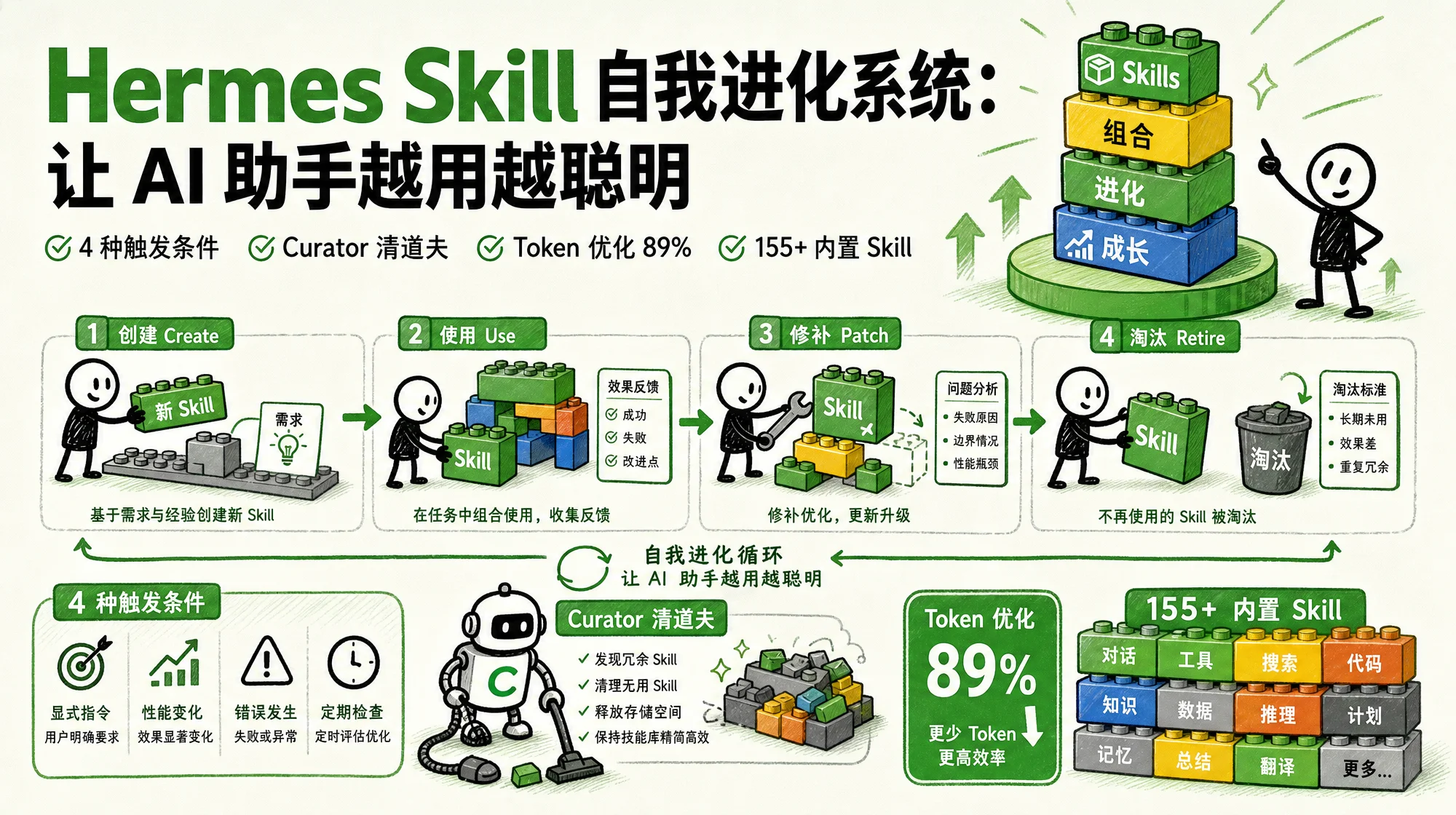 Hermes Skill 自我进化系统示意图：卡通技能积木风格，展示模块化技能的组合与进化