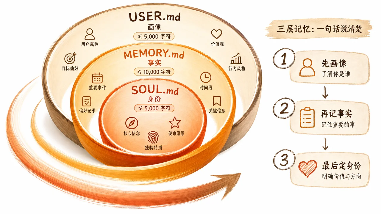 三层记忆系统：SOUL.md 身份层、MEMORY.md 事实层、USER.md 画像层同心圆结构
