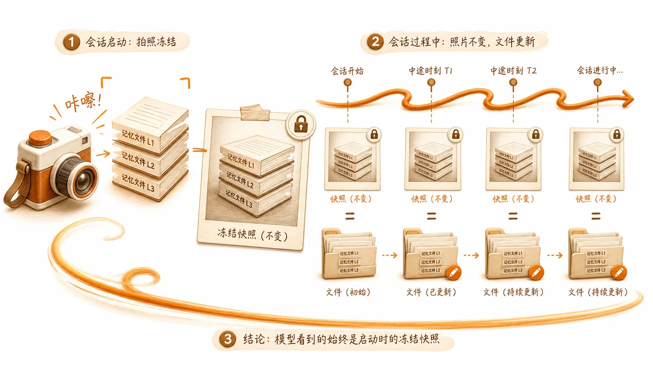 冻结快照模式：会话启动时拍照冻结记忆，会话期间照片不变