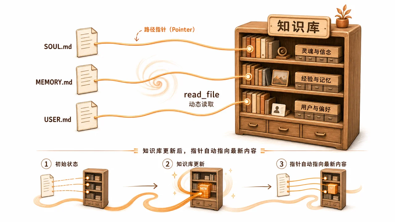 翔宇指针架构：三个薄配置文件只存路径指针，动态读取知识库最新内容