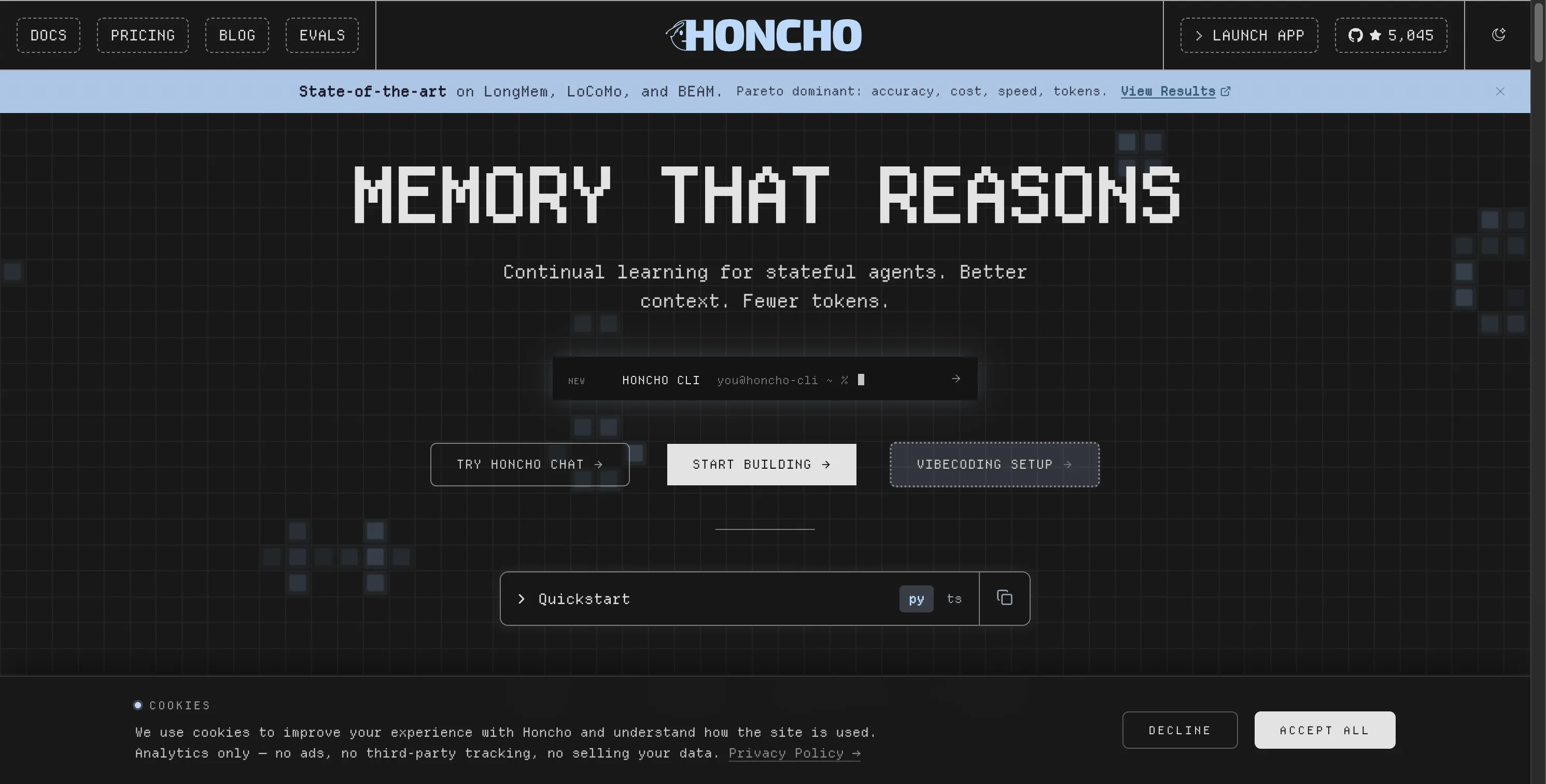 Honcho 官方首页：AI 原生记忆后端，为 Agent 提供跨会话方言式用户建模