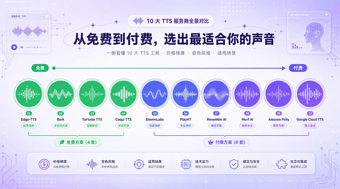 10 种 TTS 提供商全景:4 种免费(绿色高亮)和 6 种付费方案