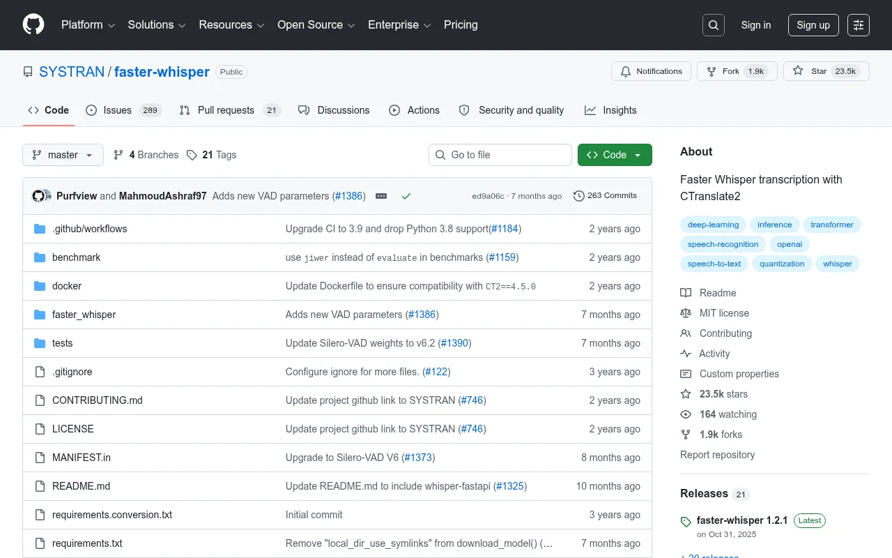 faster-whisper GitHub 仓库:SYSTRAN 维护的 CTranslate2 高性能 Whisper 重实现,23.5k Stars