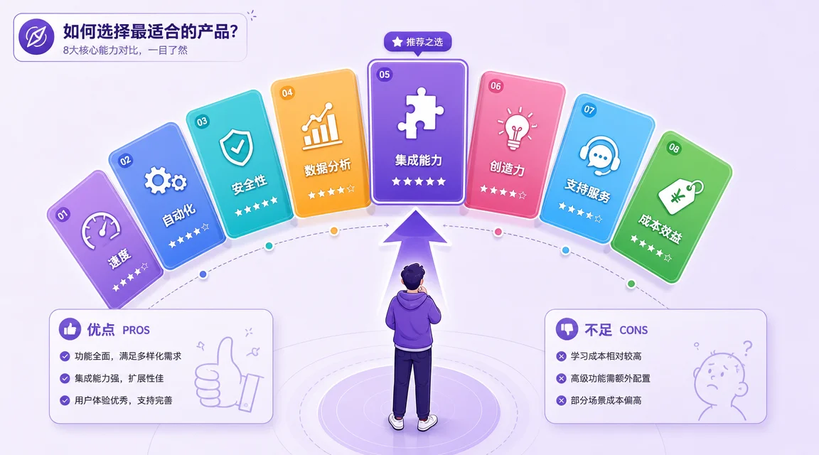 8 大 AI Agent 选型导航面板：八个产品卡片呈扇形排列，按核心需求指向最佳选择