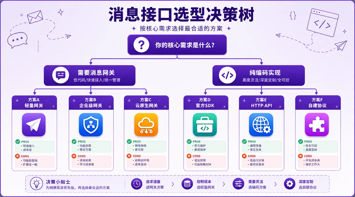 AI Agent 选型决策树：从消息网关需求出发分叉到 8 个框架的推荐路径