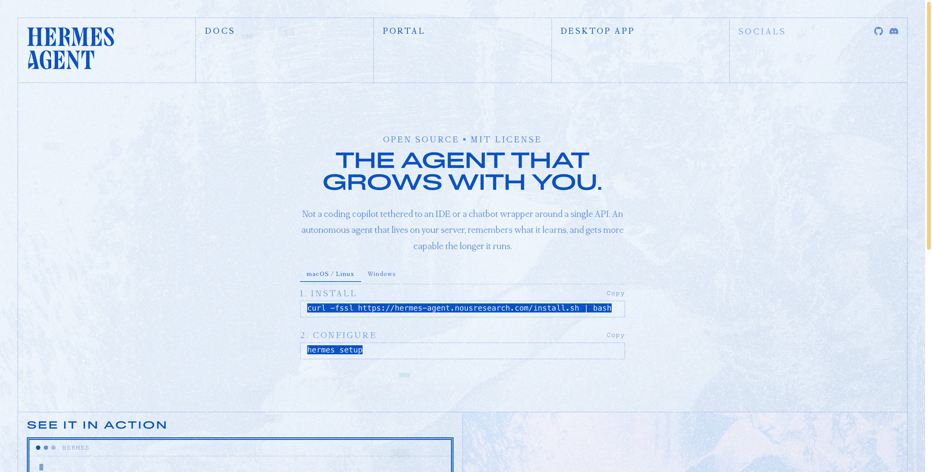 Hermes Agent 官方网站首页：The Agent That Grows With You 标语，展示安装与功能概览