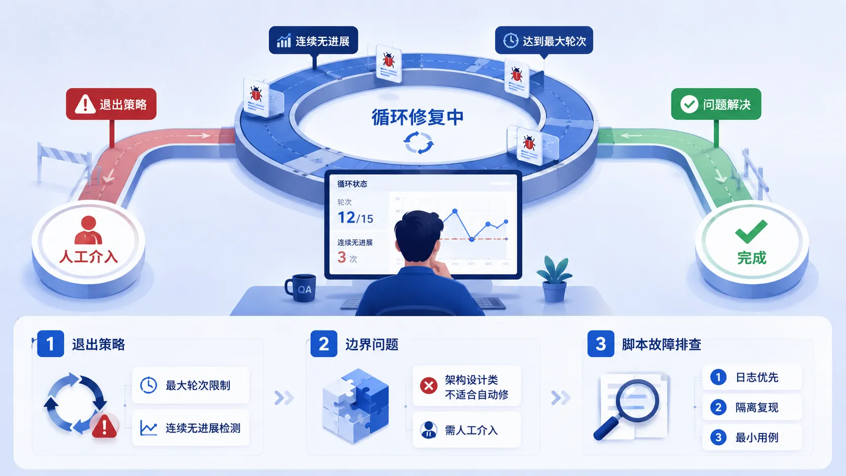 常见问题解答：质检系统无限循环怎么办、哪些错误不适合自动修、质检脚本本身出错怎么排查