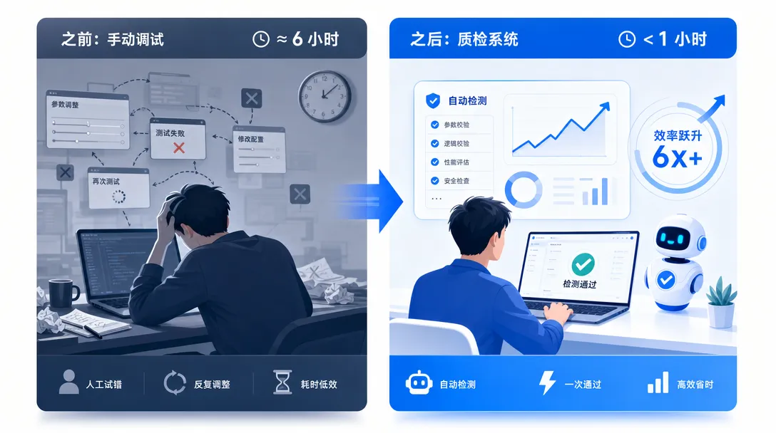 实战效果对比：手动调试六小时降到质检系统一小时以内，调试时间缩减超过八成