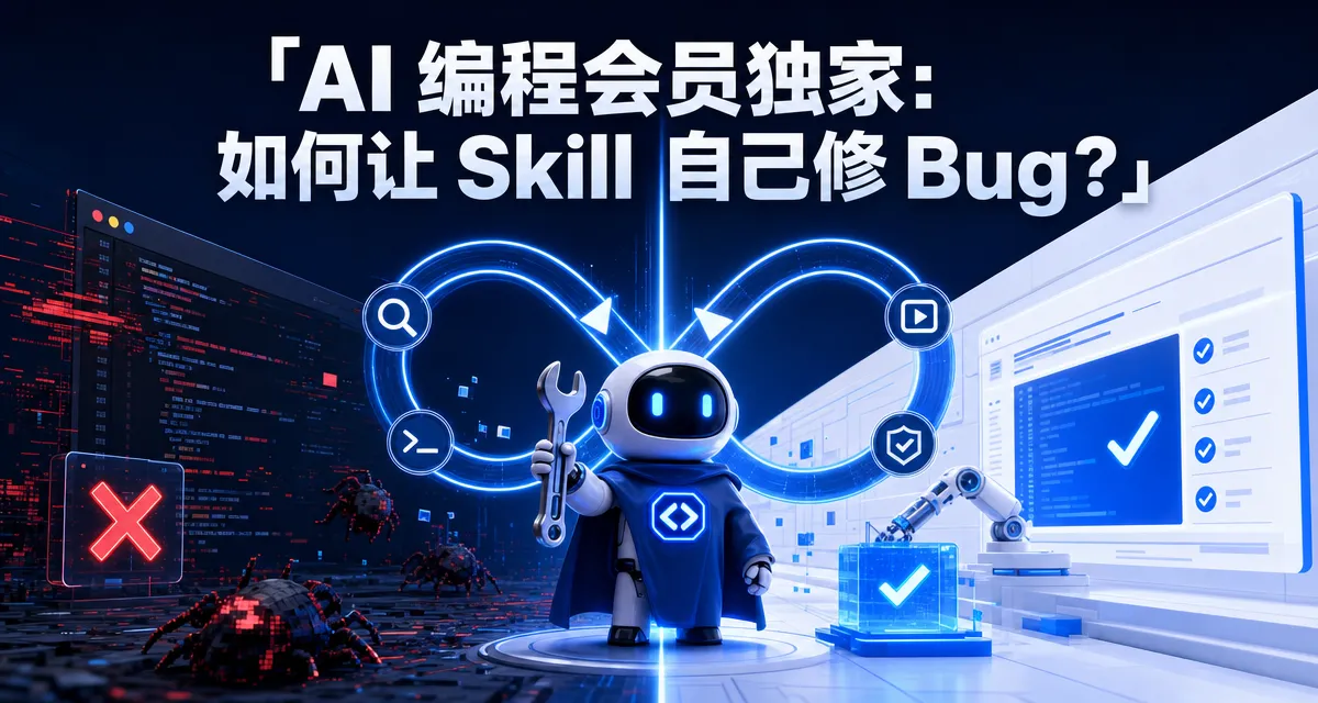 Skill 质检系统封面：双阶段循环检测加四重验证加 Agent 自修复，让 Skill 从手动调试升级到自动质检修复的闭环机制
