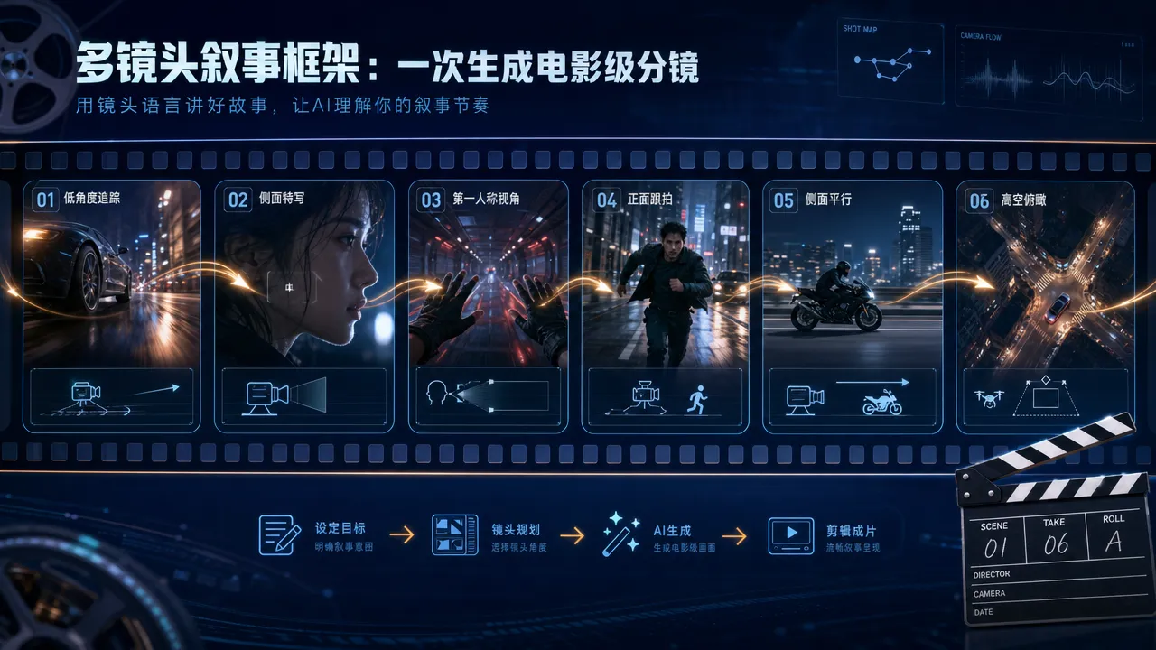 可灵 3.0 多镜头叙事流程示意:6 个镜头从不同角度拍摄同一场景,展示 Shot 标签和镜头自动转场