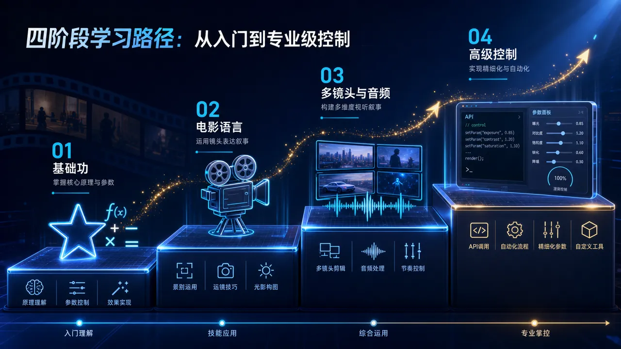 可灵 AI 视频提示词四阶段学习路径:从基础功到专业级控制的进阶阶梯和每阶段核心技能点