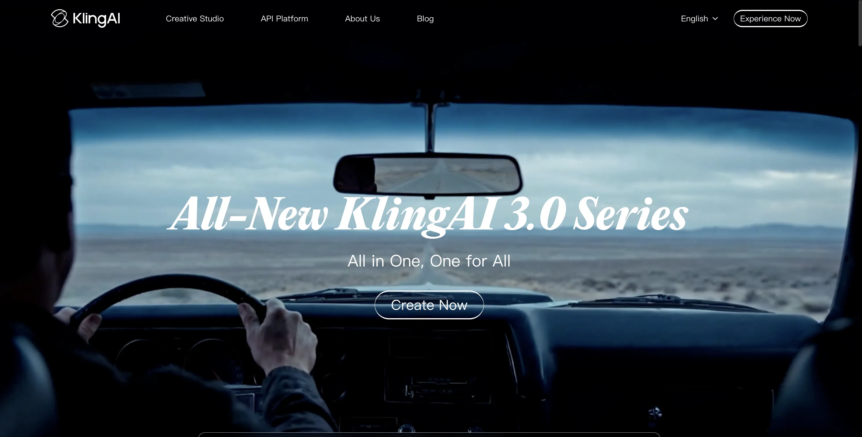 可灵 AI 官网首页:KlingAI 3.0 系列主视觉,展示 Creative Studio 入口和 Create Now 按钮