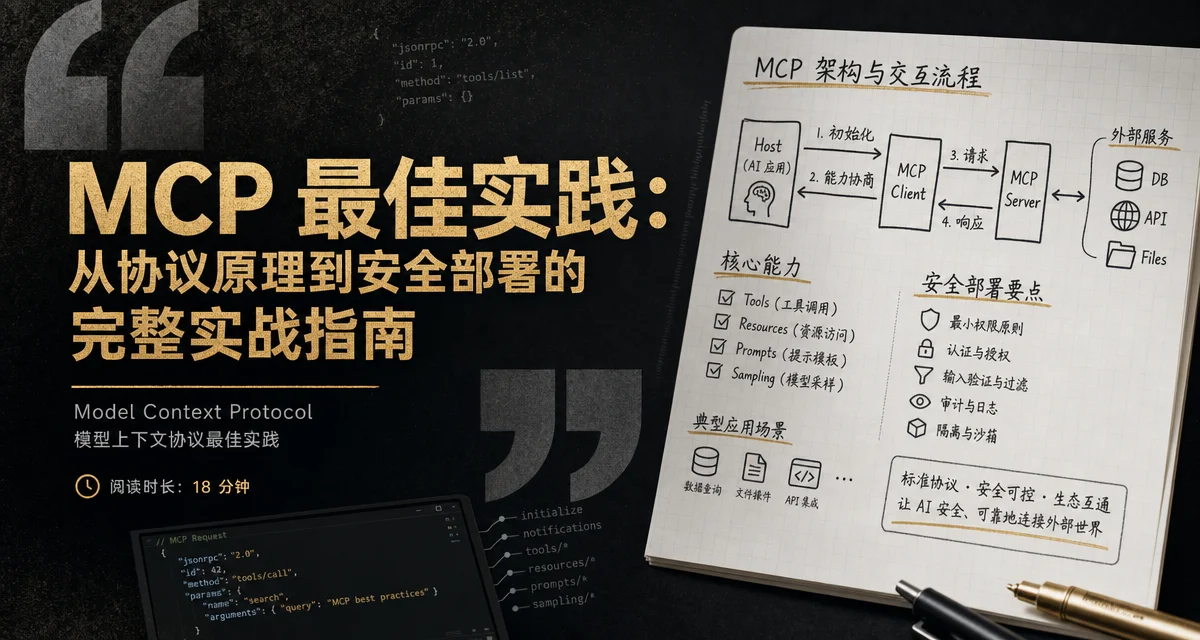 MCP 最佳实践指南封面：深色引言风格，AI 工具通过统一协议连接外部服务的架构图