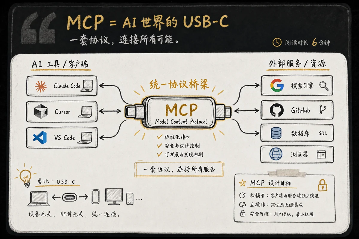 MCP 协议原理示意：AI 工具通过统一的 MCP 协议连接多个外部服务