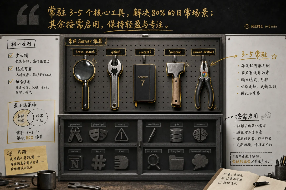 常用 MCP Server 推荐清单示意：3-5 个高频工具常驻，其余按需启用