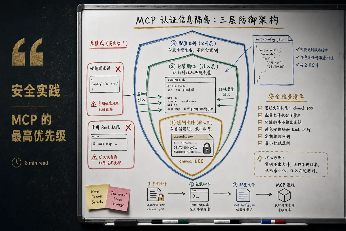 MCP 安全实践示意：三层凭据隔离架构