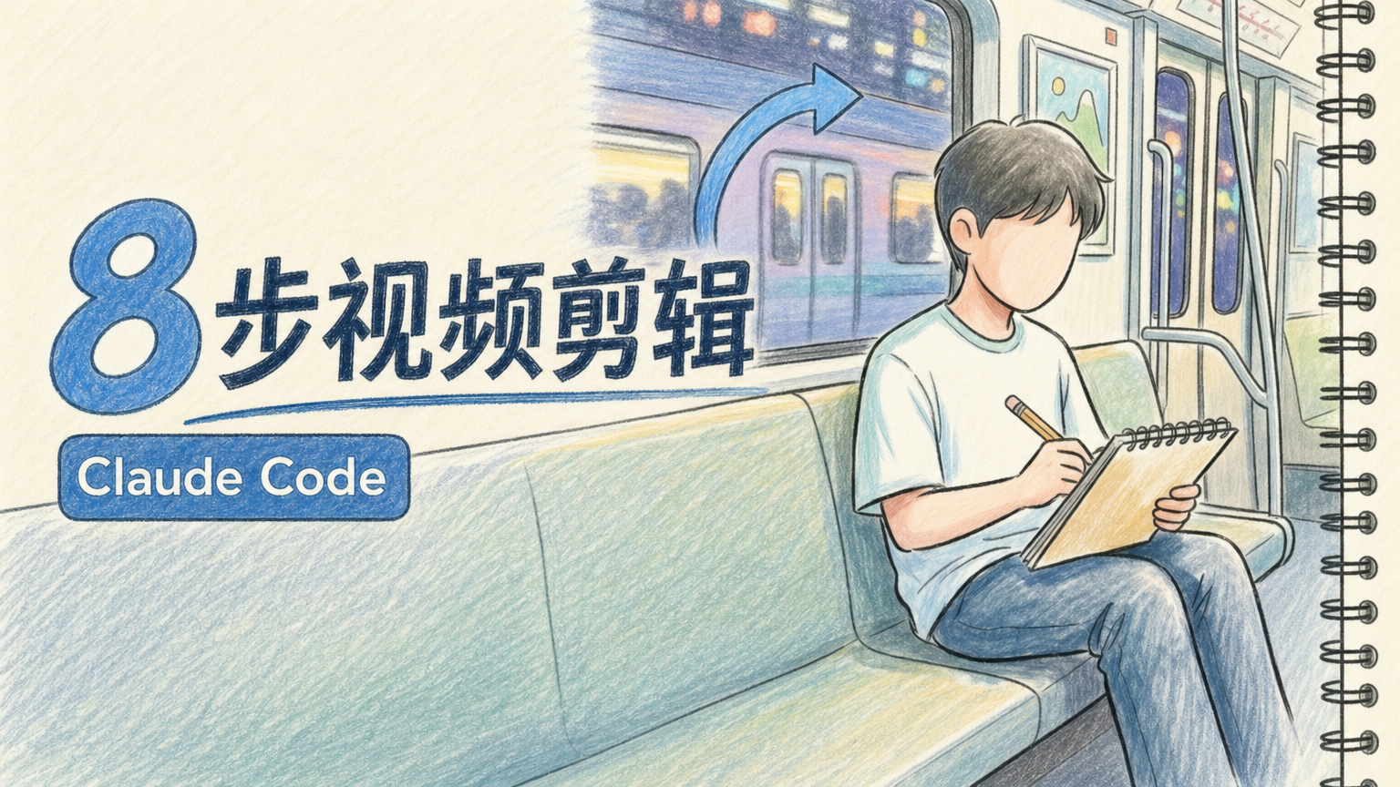 手机 Claude Code 视频剪辑系统的官网封面，展示在地铁上用远程桌面和 Markdown 预览设计 8 步视频剪辑 Skill 的工作流