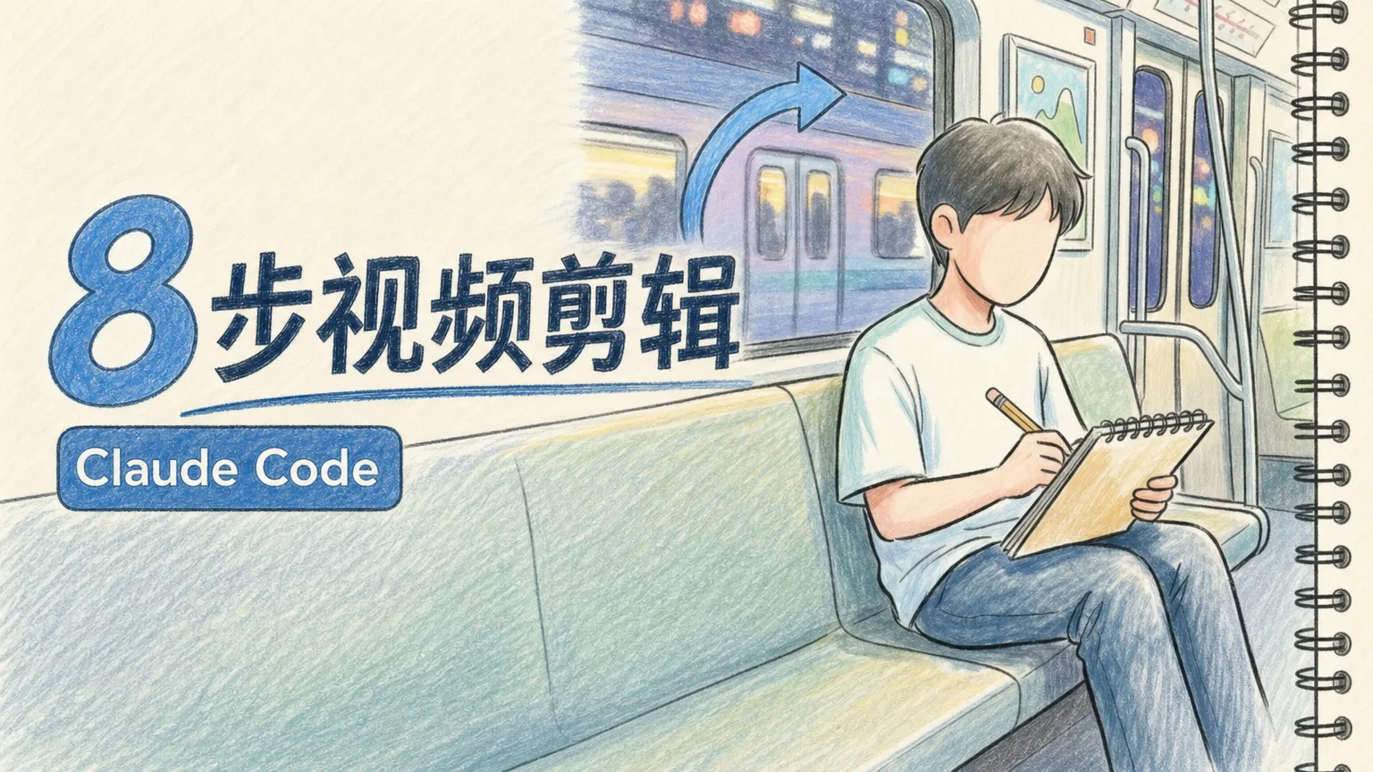 手机 Claude Code 视频剪辑系统的官网封面，展示在地铁上用远程桌面和 Markdown 预览设计 8 步视频剪辑 Skill 的工作流
