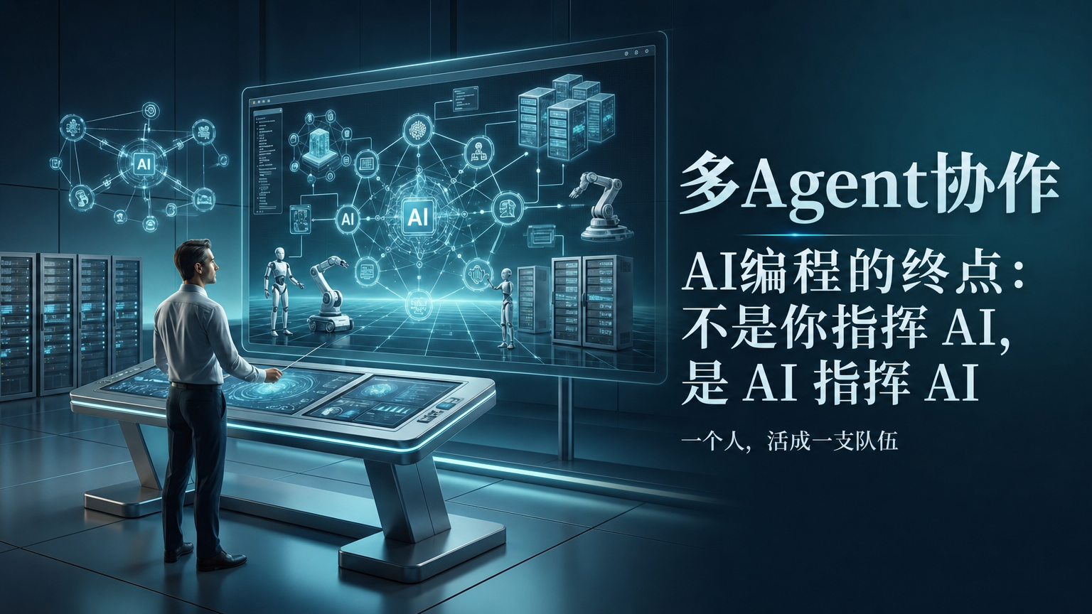 多Agent协作完全指南封面：主控 AI 通过 SSH 加 tmux 向本机、局域网 Mac mini、云端服务器上的 AI 编程命令行派活、收结果的调度示意图
