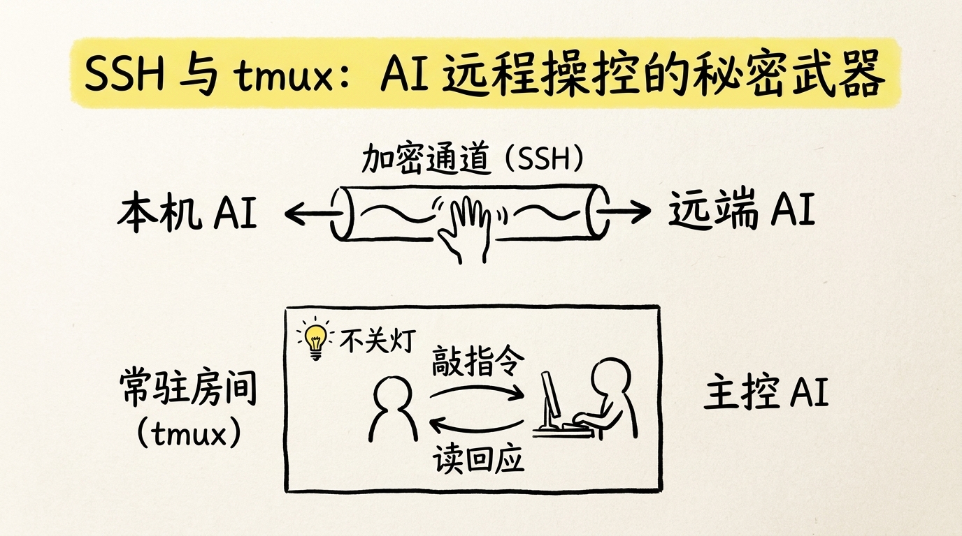 SSH 加密通道加 tmux 常驻会话:一台机器隔空操控另一台机器上的 AI 的原理示意图
