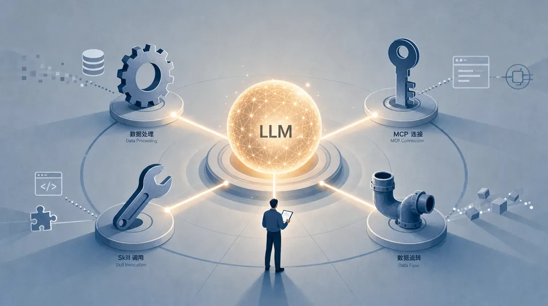 AI 工具集成架构概念图,展示大模型作为工作流智能节点与确定性节点的协作关系