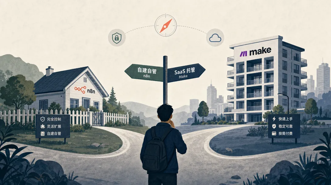 n8n vs Make 决策对比概念图,展示自建自管与 SaaS 托管两条路径的选择