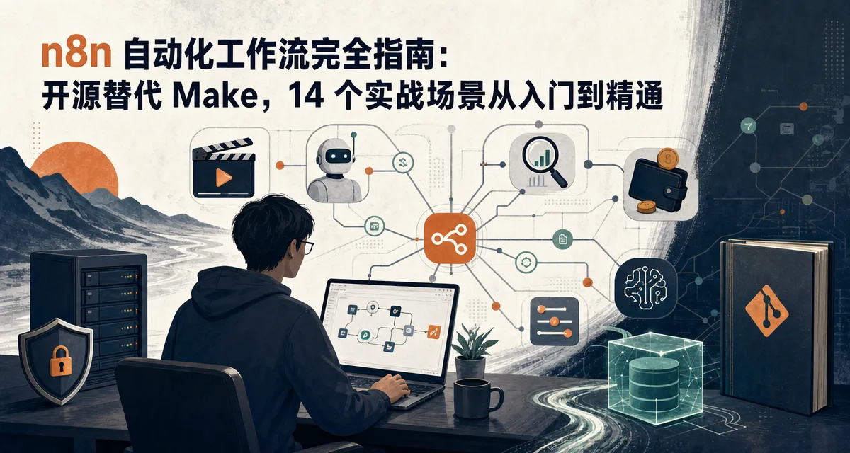 n8n 自动化工作流完全指南封面，展示开源自动化平台的节点连接网络与五大实战场景图标