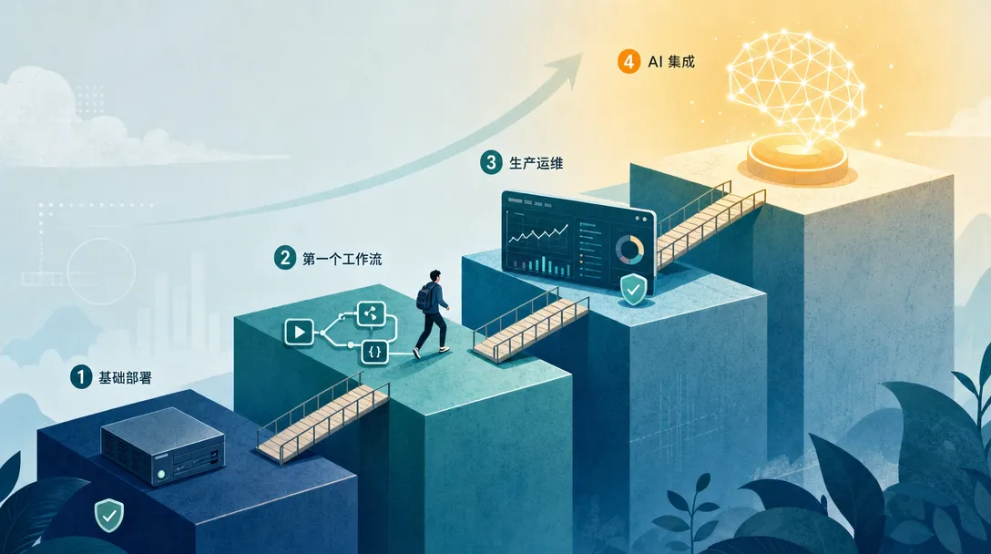 n8n 自动化学习路径概念图,从基础部署阶梯式攀升到 AI 集成和生产运维