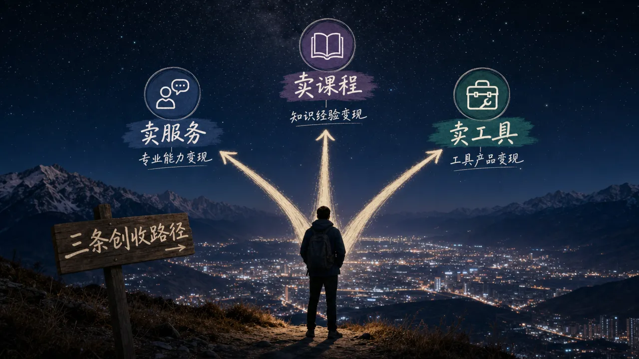 一人公司 AI 创收三条路径分叉图:卖服务、卖课程、卖工具三个方向从同一起点出发,各自延伸向不同的收入天花板
