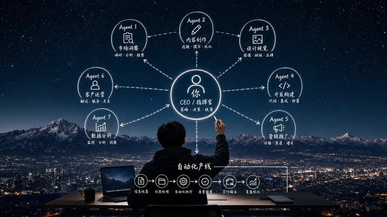 一人公司 Agent 编排架构图:一个人在中心位置,通过辐射连线指挥多个 Agent 节点分别处理内容、运营、分析、发布等任务
