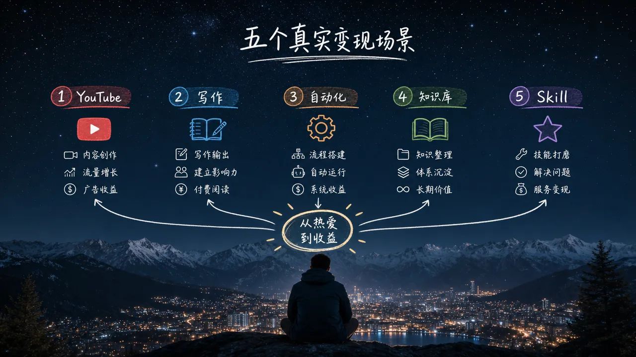 五个变现场景并列展示:YouTube 内容变现、写作双轨变现、自动化服务、知识库变现、Skill 资产变现五条路径各自独立运转