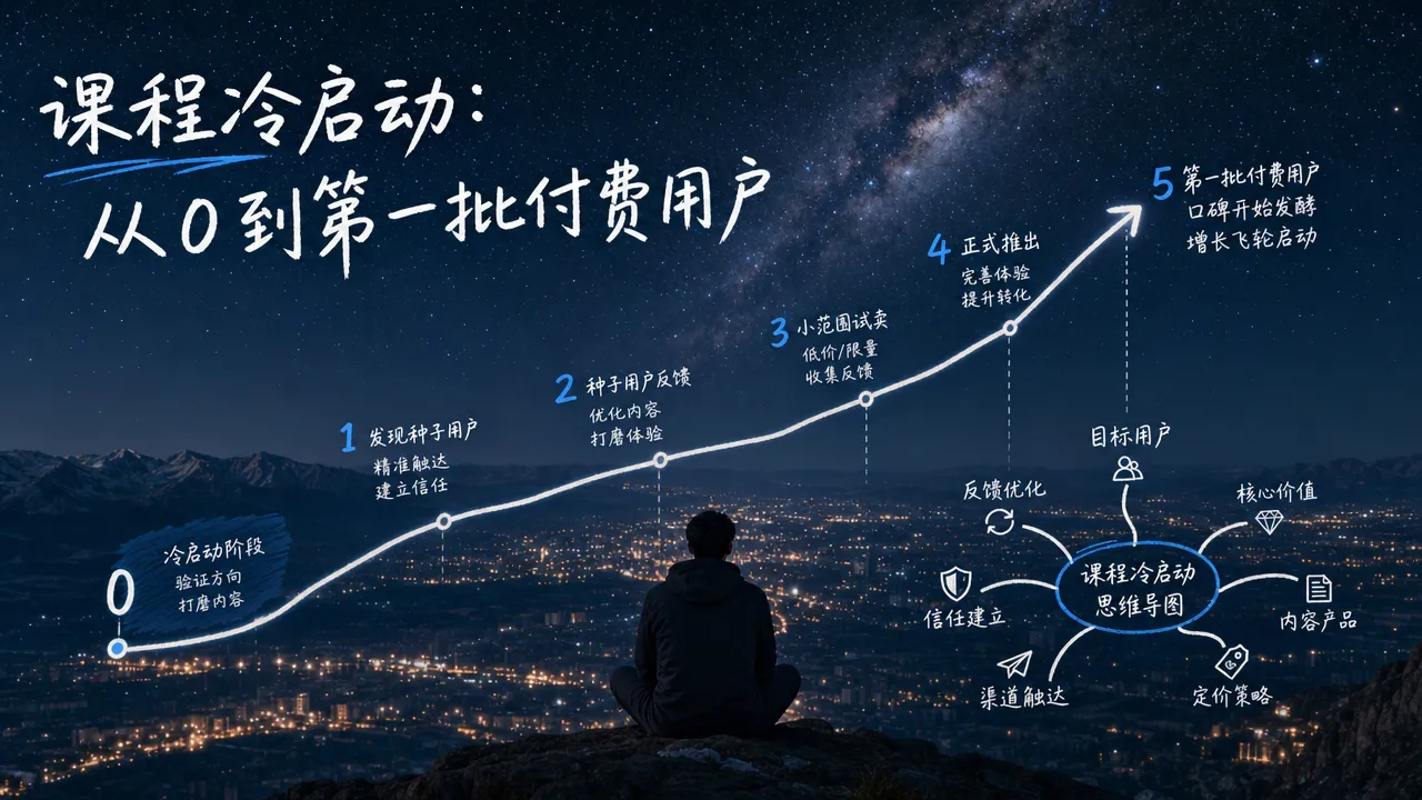 课程冷启动增长曲线:从零用户起步,经历验证期的缓慢积累,到搭建期开始上扬,获客阶段进入快速增长的 S 形曲线